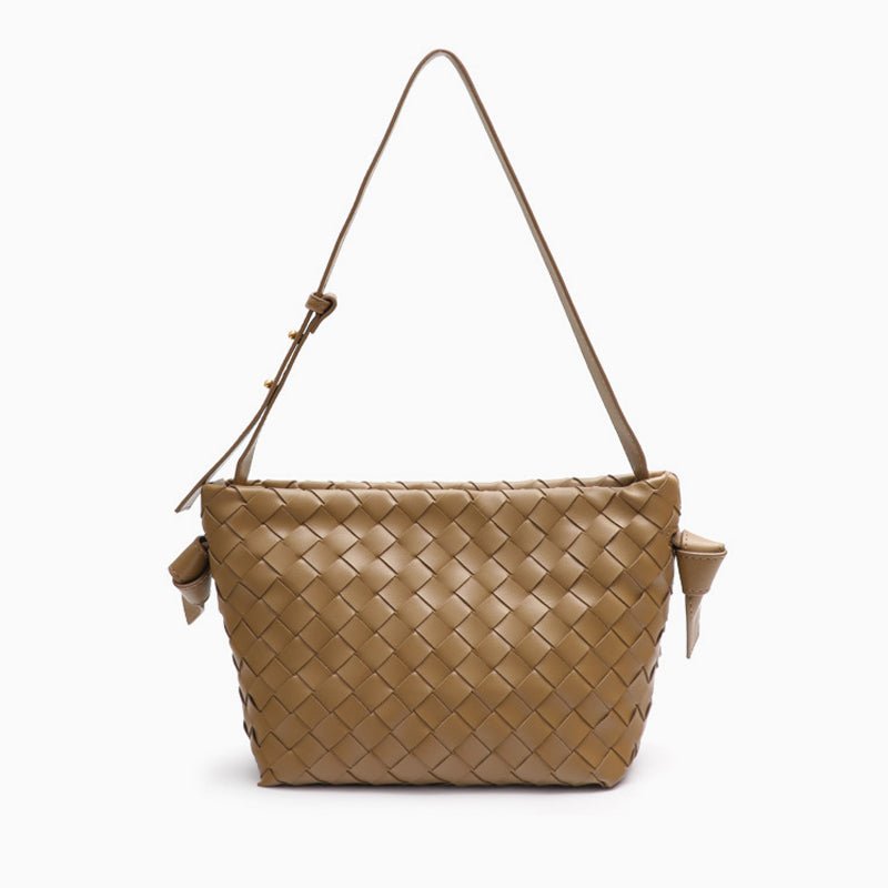 Ciara Woven Shoulder Bag – Elegant Faux Leather Tote - in Khaki | Arvea Bags