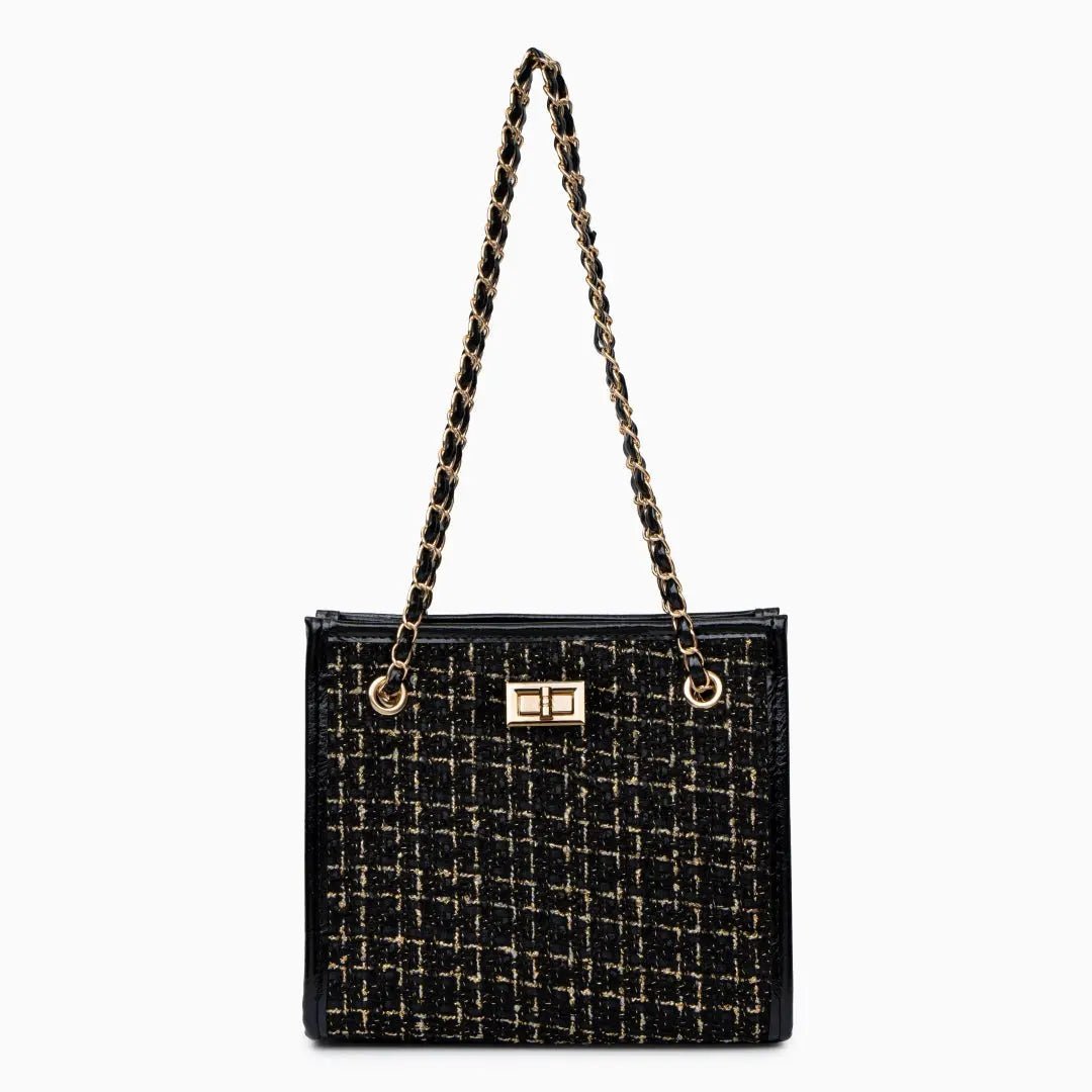 Clara | Black Tweed & Chain Shoulder Bag – Chic Sophistication - in Black | Arvea Bags
