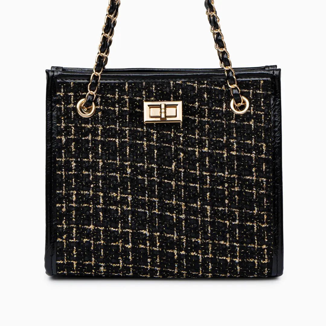 Clara | Black Tweed & Chain Shoulder Bag – Chic Sophistication - in Black | Arvea Bags