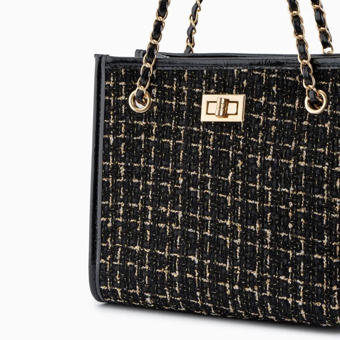 Clara | Black Tweed & Chain Shoulder Bag – Chic Sophistication - in Black | Arvea Bags