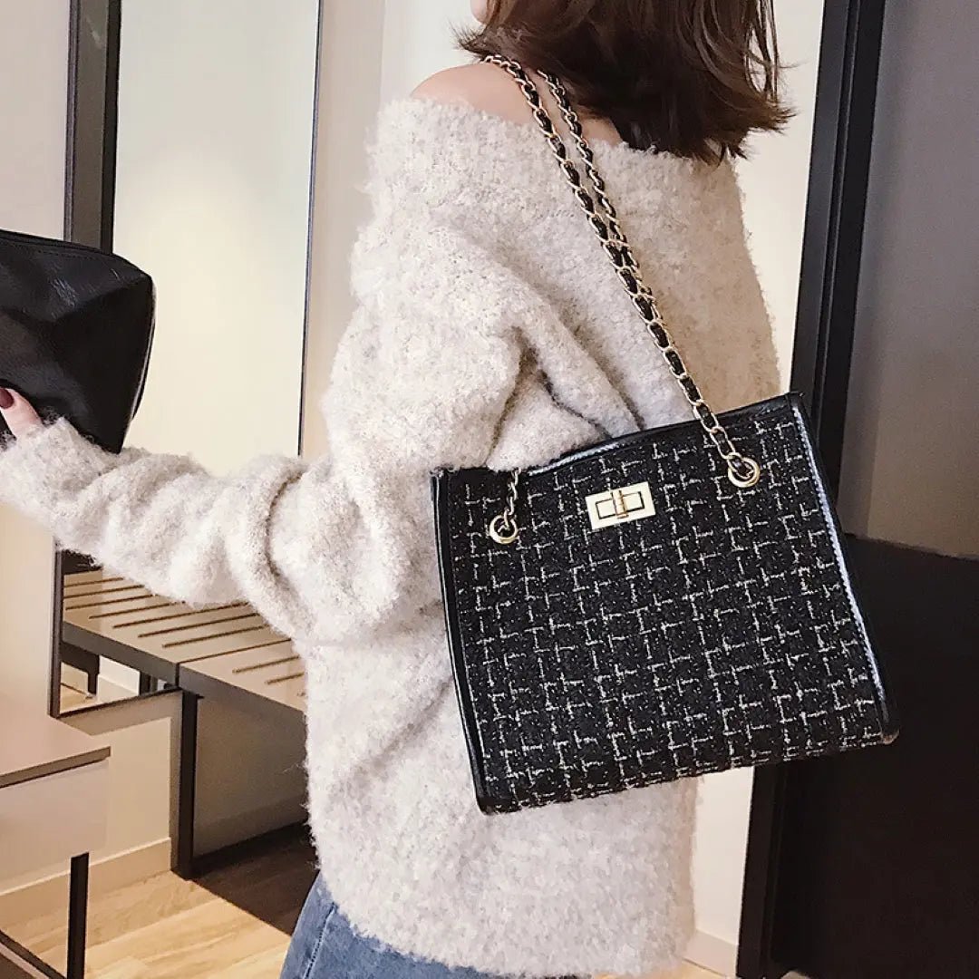Clara | Black Tweed & Chain Shoulder Bag – Chic Sophistication - in Black | Arvea Bags