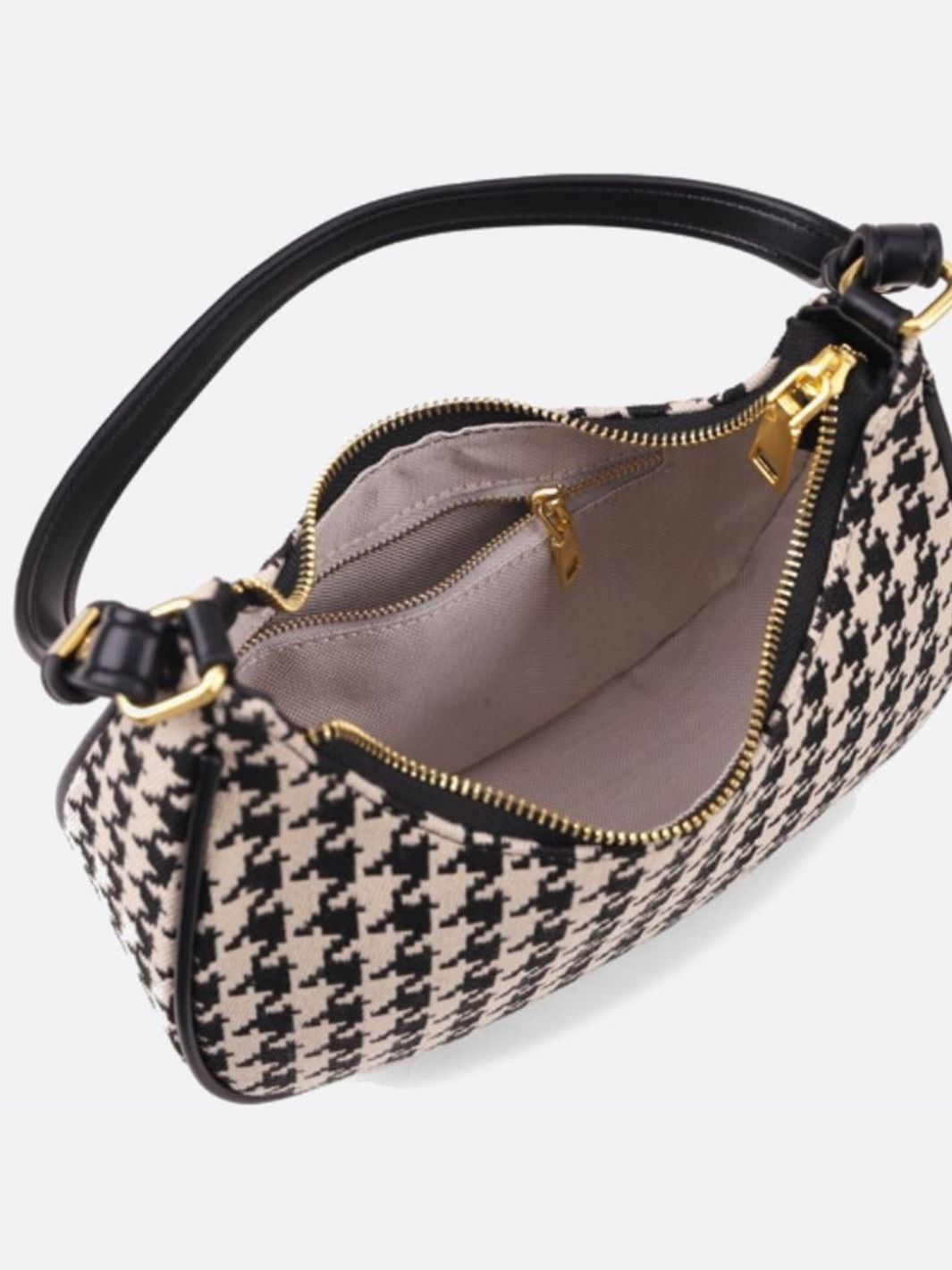 Clara Houndstooth Crescent Bag – Classic Shoulder Bag - in Black | Arvea Bags