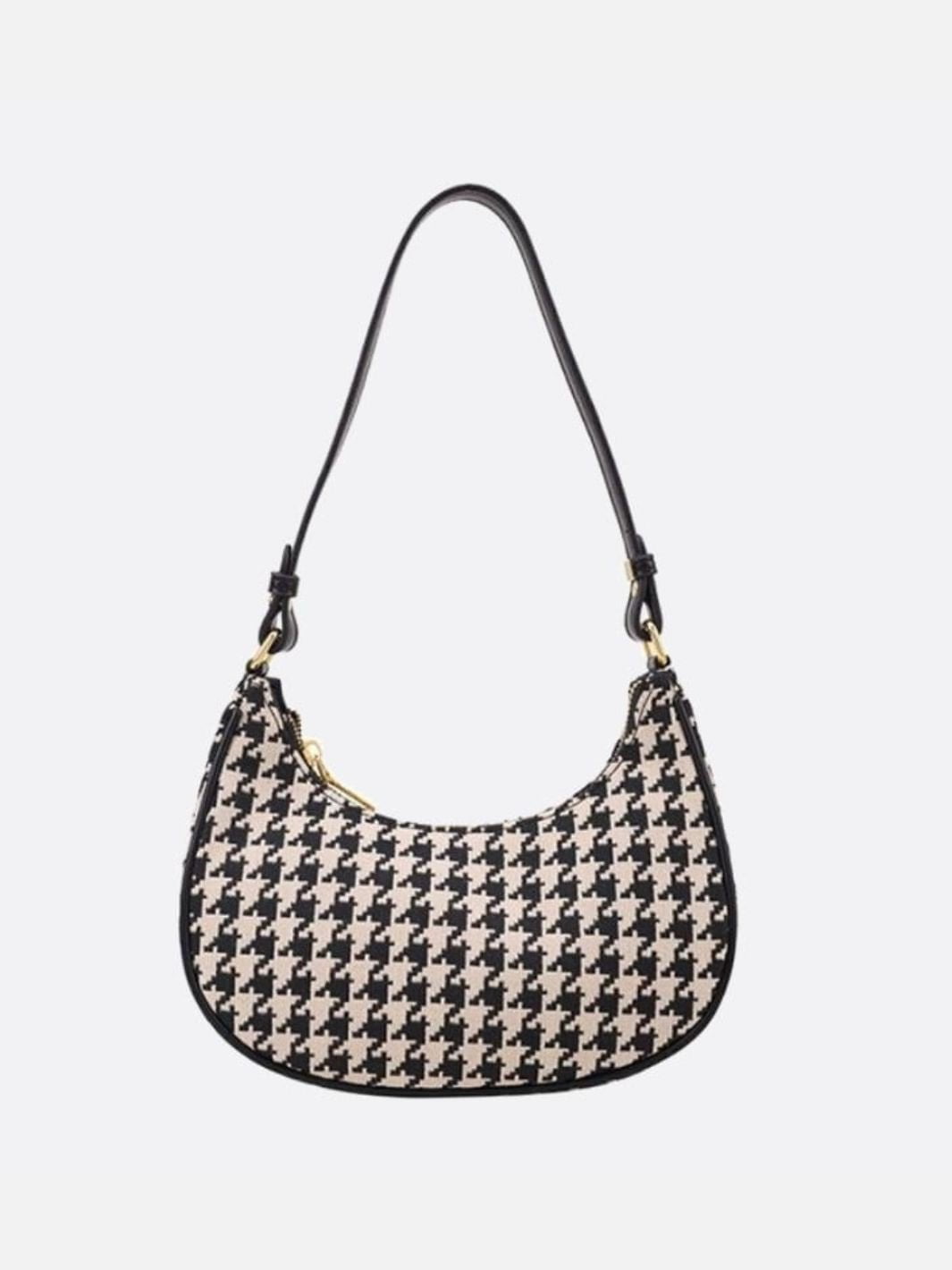 Clara Houndstooth Crescent Bag – Classic Shoulder Bag - in Black | Arvea Bags
