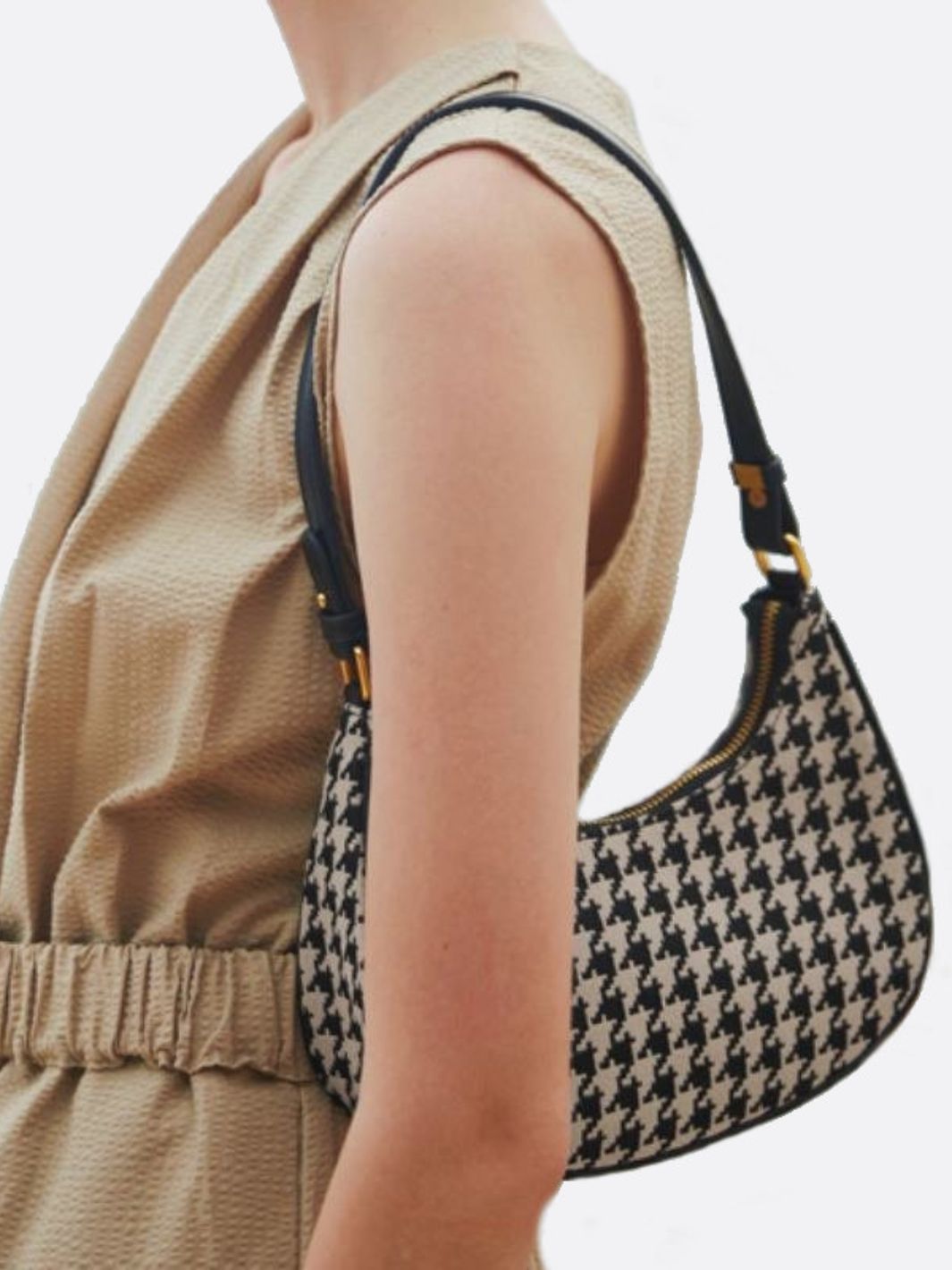 Clara Houndstooth Crescent Bag – Classic Shoulder Bag - in Black | Arvea Bags