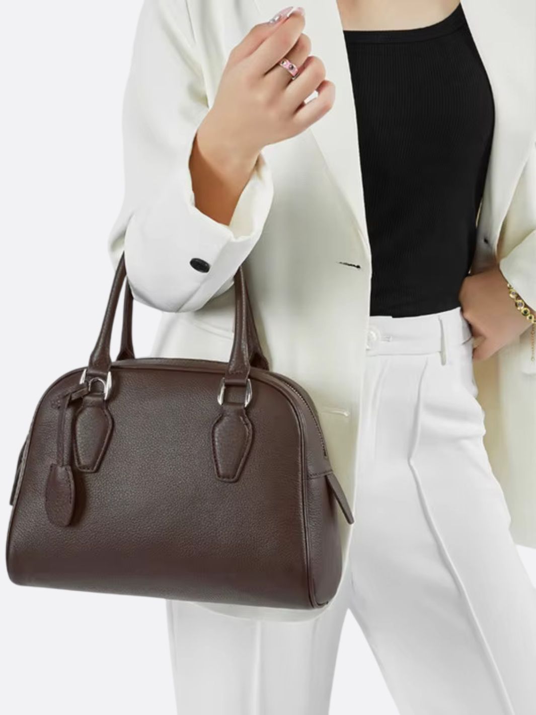 Classic Structured Handbag – Taupe Leather - Look Top Handle Satchel - in Black | Arvea Bags