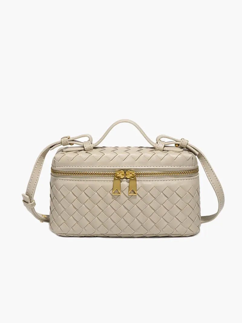 Compact Designer - Style Leather Shoulder Bag – Woven Finish with Double Zip - in Beige | Arvea Bags