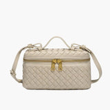 Compact Designer - Style Leather Shoulder Bag – Woven Finish with Double Zip - in Beige | Arvea Bags