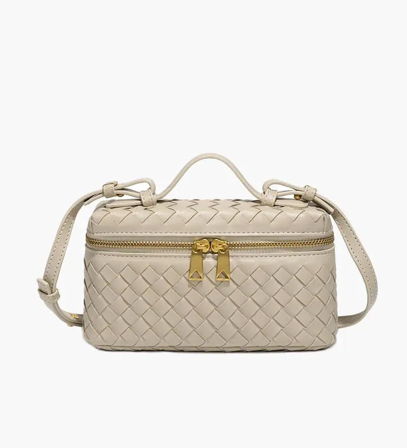Compact Designer - Style Leather Shoulder Bag – Woven Finish with Double Zip - in Beige | Arvea Bags
