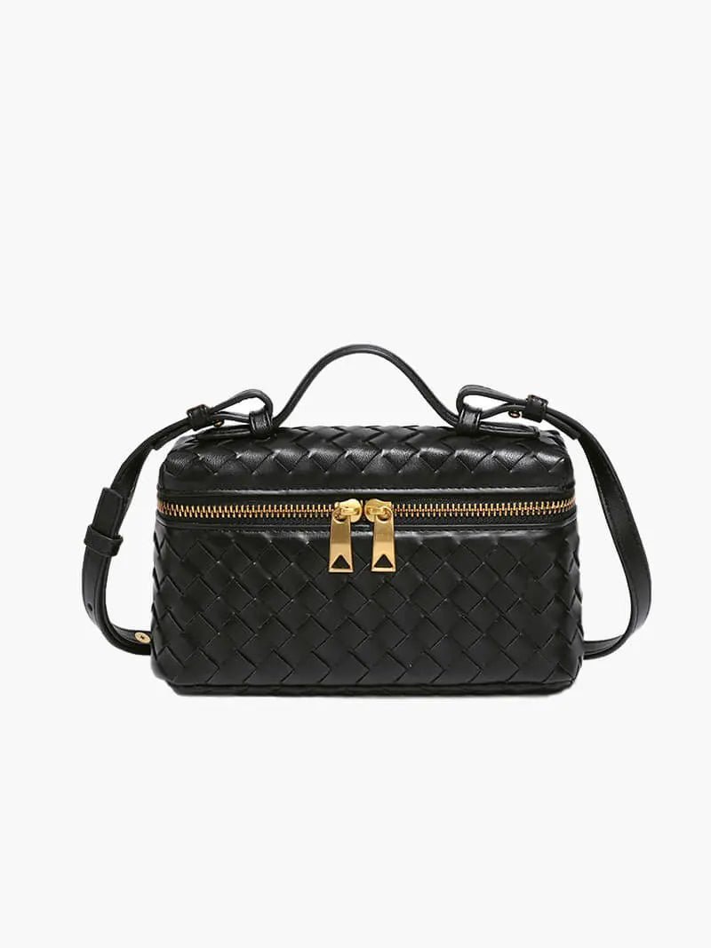 Compact Designer - Style Leather Shoulder Bag – Woven Finish with Double Zip - in Black | Arvea Bags