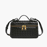 Compact Designer - Style Leather Shoulder Bag – Woven Finish with Double Zip - in Black | Arvea Bags
