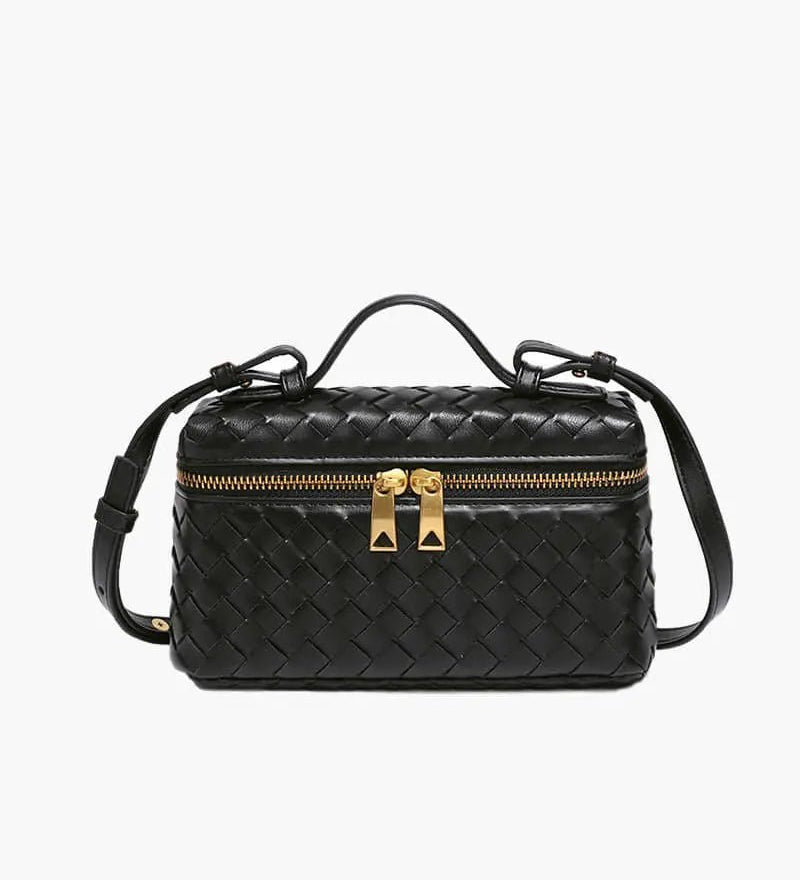 Compact Designer - Style Leather Shoulder Bag – Woven Finish with Double Zip - in Black | Arvea Bags