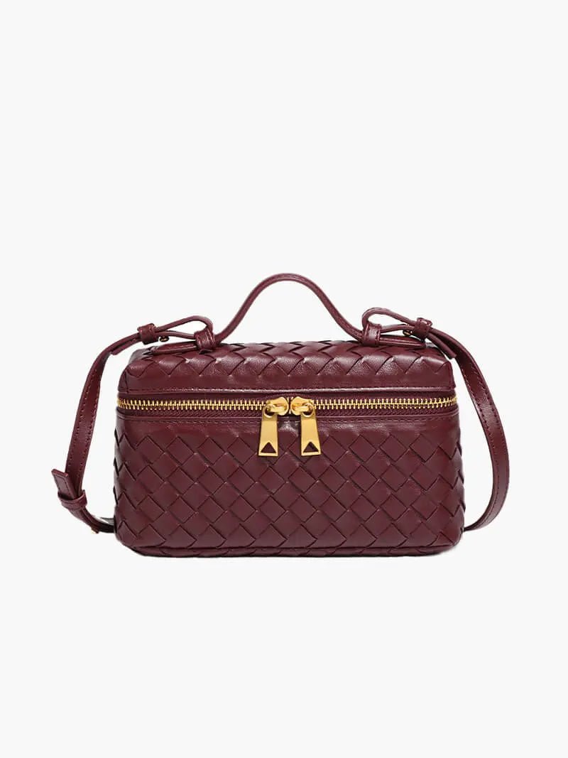 Compact Designer - Style Leather Shoulder Bag – Woven Finish with Double Zip - in Burgundy | Arvea Bags