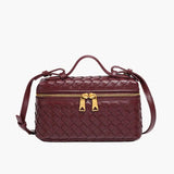 Compact Designer - Style Leather Shoulder Bag – Woven Finish with Double Zip - in Burgundy | Arvea Bags