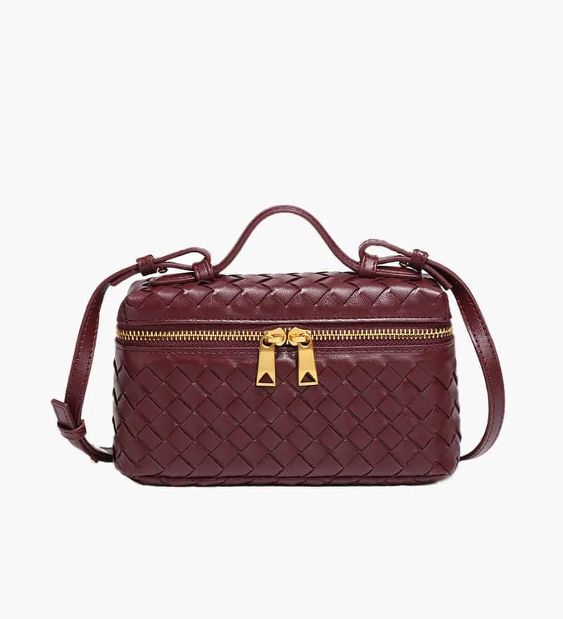 Compact Designer - Style Leather Shoulder Bag – Woven Finish with Double Zip - in Burgundy | Arvea Bags