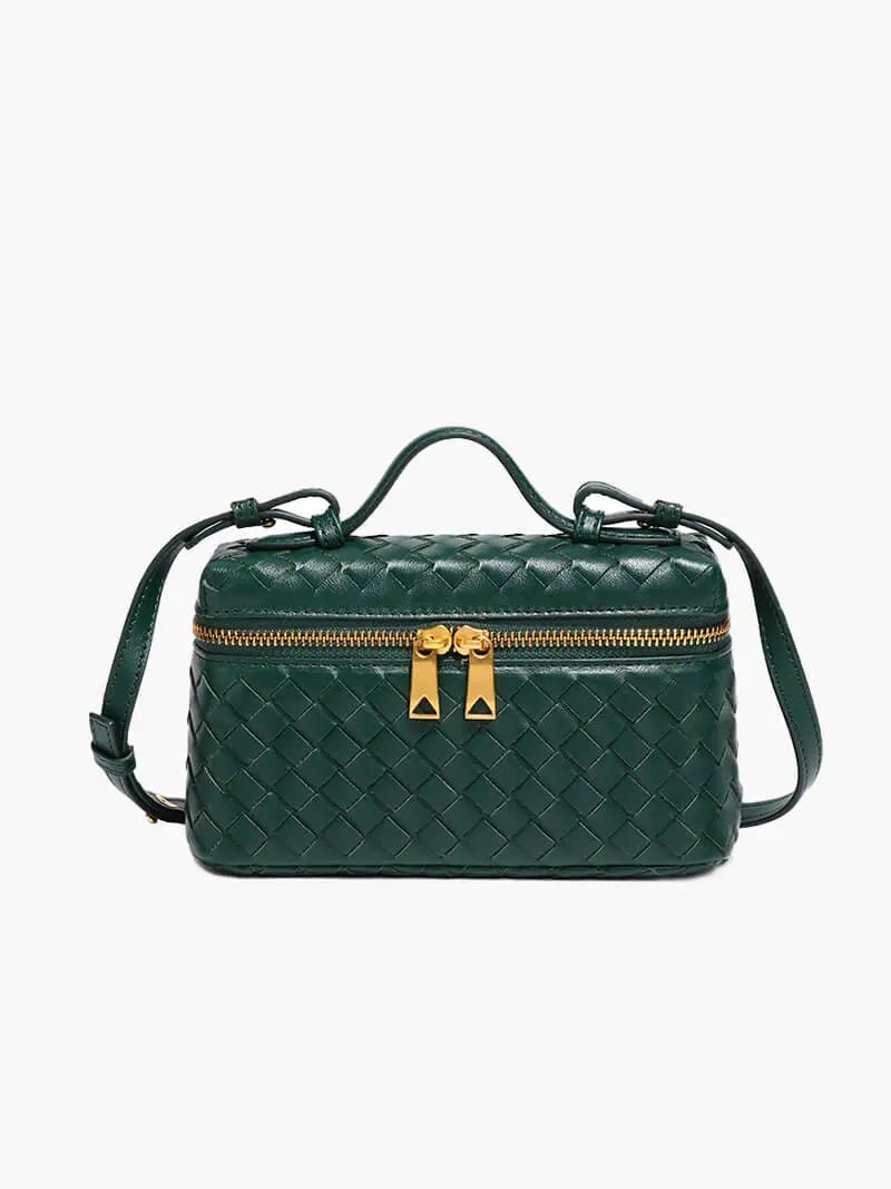Compact Designer - Style Leather Shoulder Bag – Woven Finish with Double Zip - in Dark Green | Arvea Bags