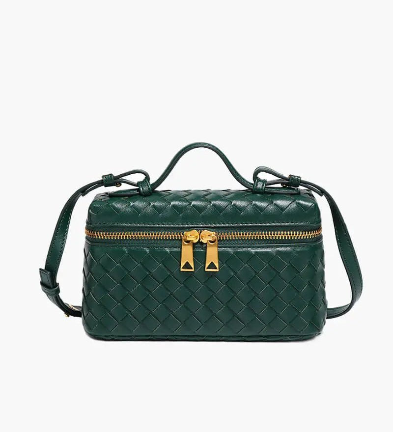 Compact Designer - Style Leather Shoulder Bag – Woven Finish with Double Zip - in Dark Green | Arvea Bags