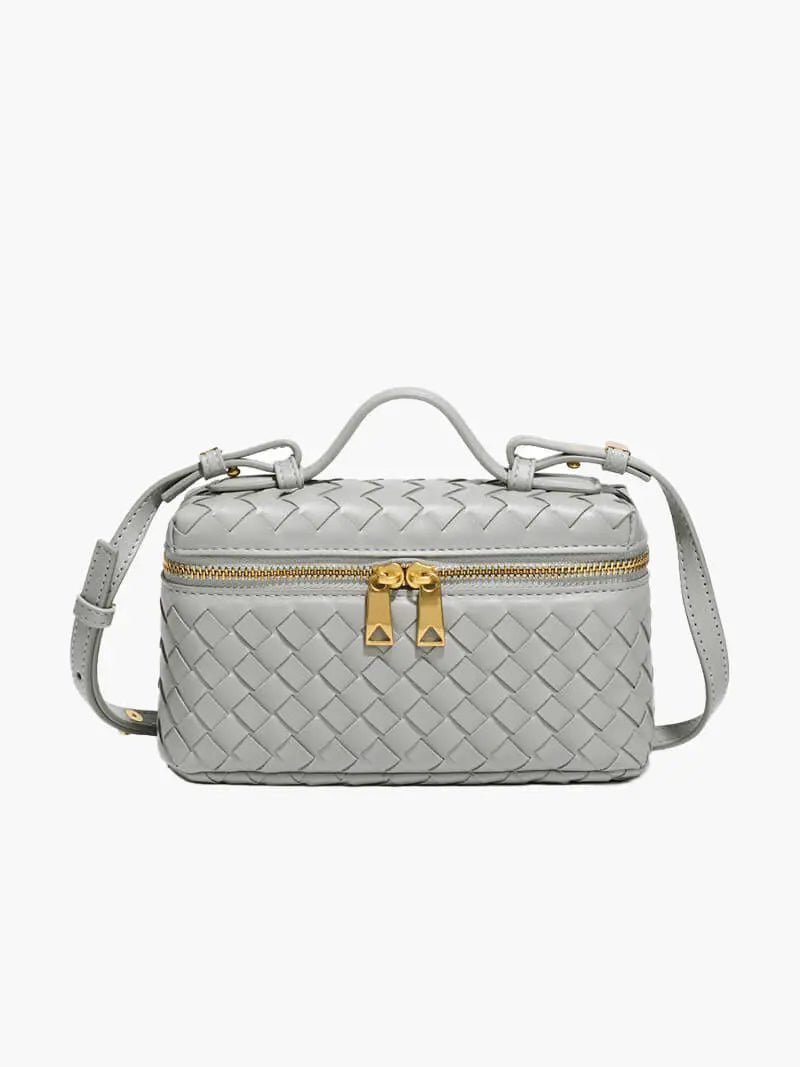 Compact Designer - Style Leather Shoulder Bag – Woven Finish with Double Zip - in Grey | Arvea Bags
