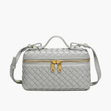 Compact Designer - Style Leather Shoulder Bag – Woven Finish with Double Zip - in Grey | Arvea Bags