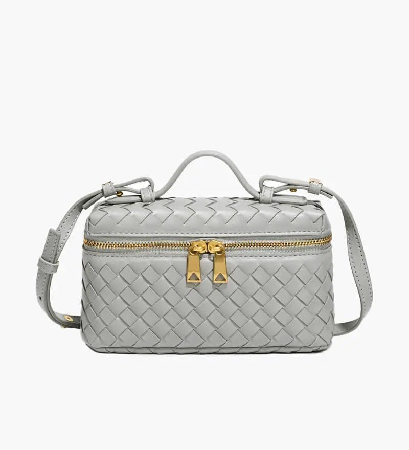 Compact Designer - Style Leather Shoulder Bag – Woven Finish with Double Zip - in Grey | Arvea Bags