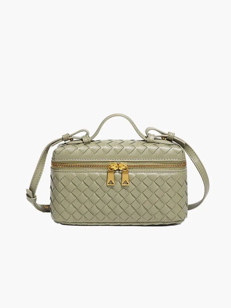 Compact Designer - Style Leather Shoulder Bag – Woven Finish with Double Zip - in Olive | Arvea Bags