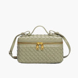 Compact Designer - Style Leather Shoulder Bag – Woven Finish with Double Zip - in Olive | Arvea Bags