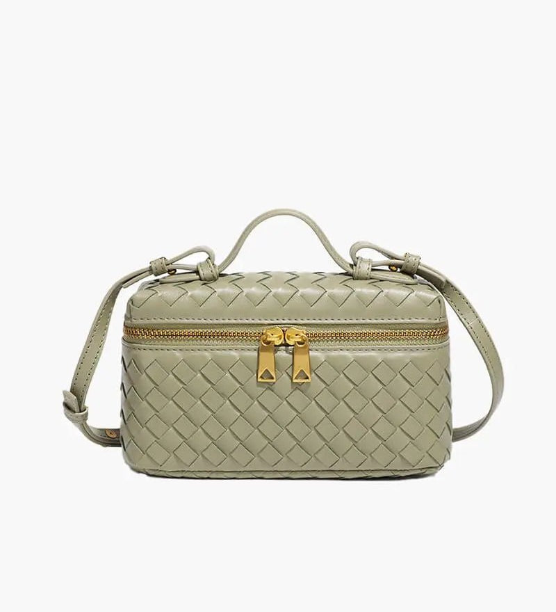 Compact Designer - Style Leather Shoulder Bag – Woven Finish with Double Zip - in Olive | Arvea Bags