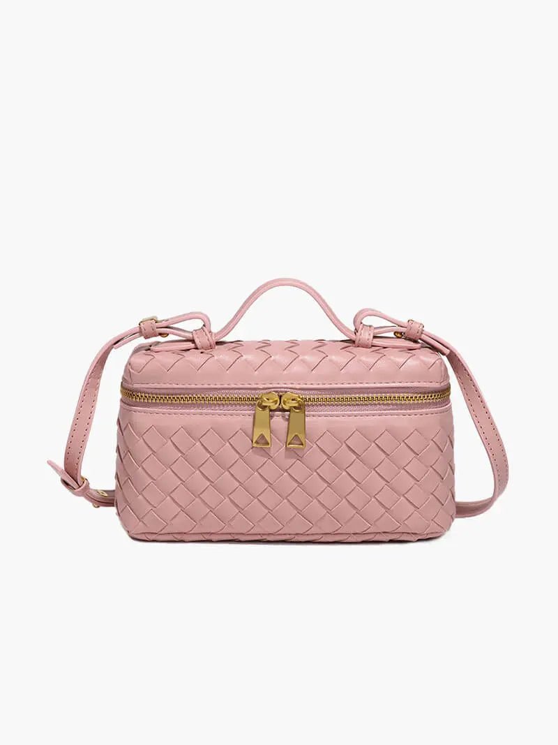 Compact Designer - Style Leather Shoulder Bag – Woven Finish with Double Zip - in Salmon Pink | Arvea Bags