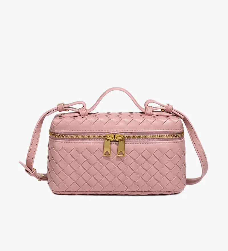 Compact Designer - Style Leather Shoulder Bag – Woven Finish with Double Zip - in Salmon Pink | Arvea Bags