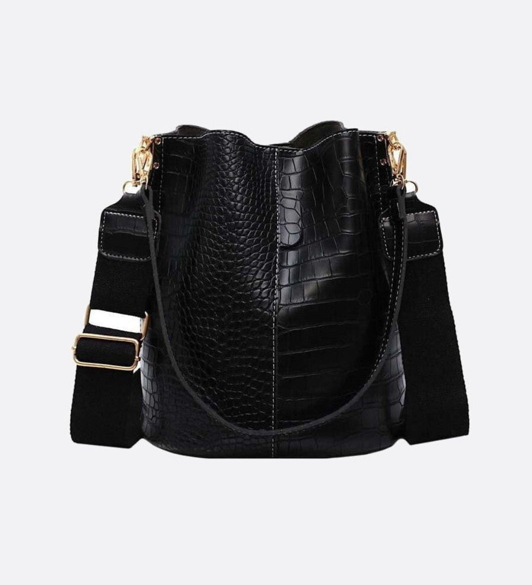 Croc - Embossed Bucket Bag – Faux Leather Shoulder Bag with Wide Strap - in Black | Arvea Bags