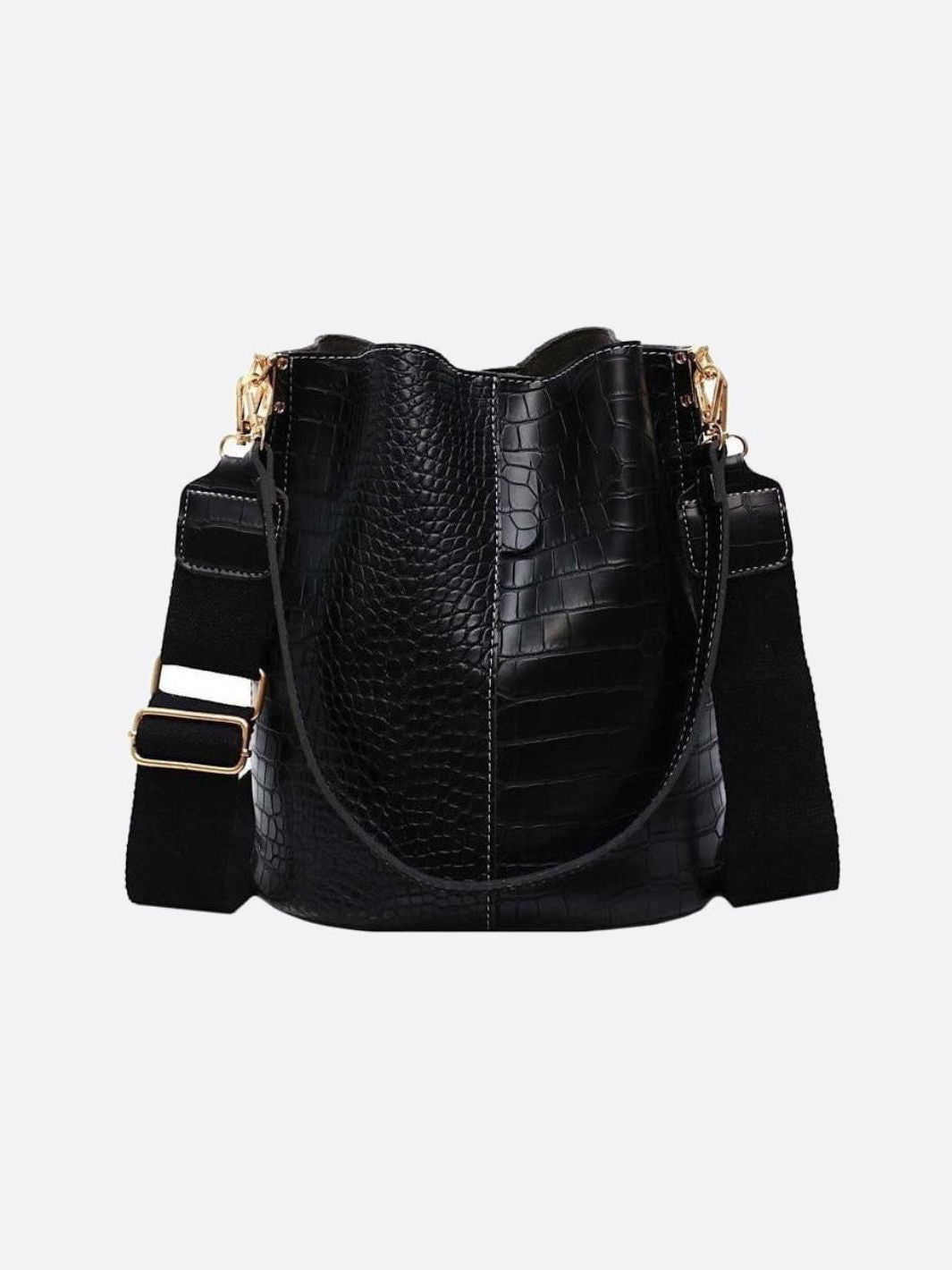 Croc - Embossed Bucket Bag – Faux Leather Shoulder Bag with Wide Strap - in Black | Arvea Bags