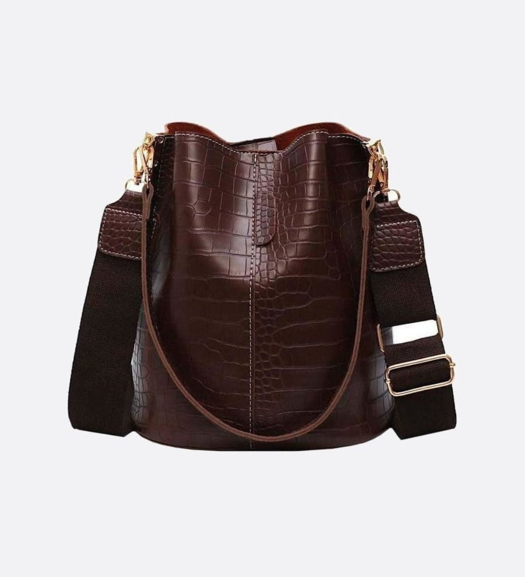 Croc - Embossed Bucket Bag – Faux Leather Shoulder Bag with Wide Strap - in Brown | Arvea Bags