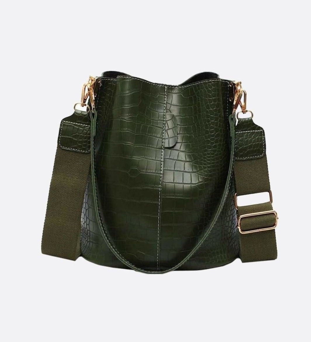 Croc - Embossed Bucket Bag – Faux Leather Shoulder Bag with Wide Strap - in Dark Green | Arvea Bags