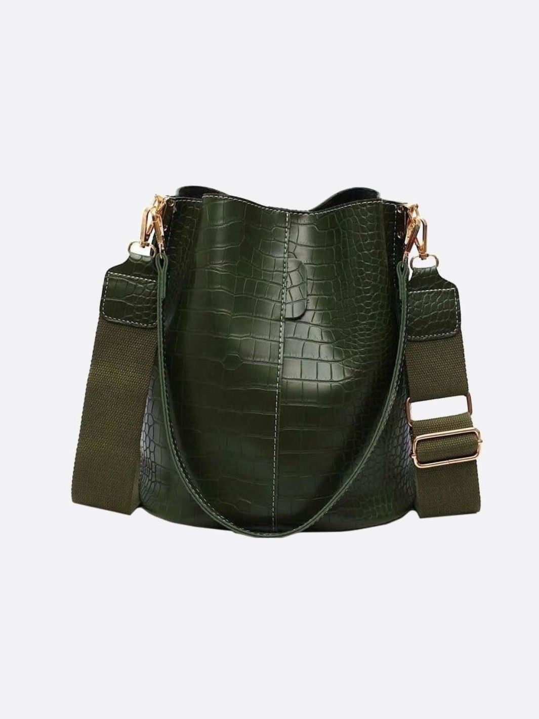 Croc - Embossed Bucket Bag – Faux Leather Shoulder Bag with Wide Strap - in Dark Green | Arvea Bags