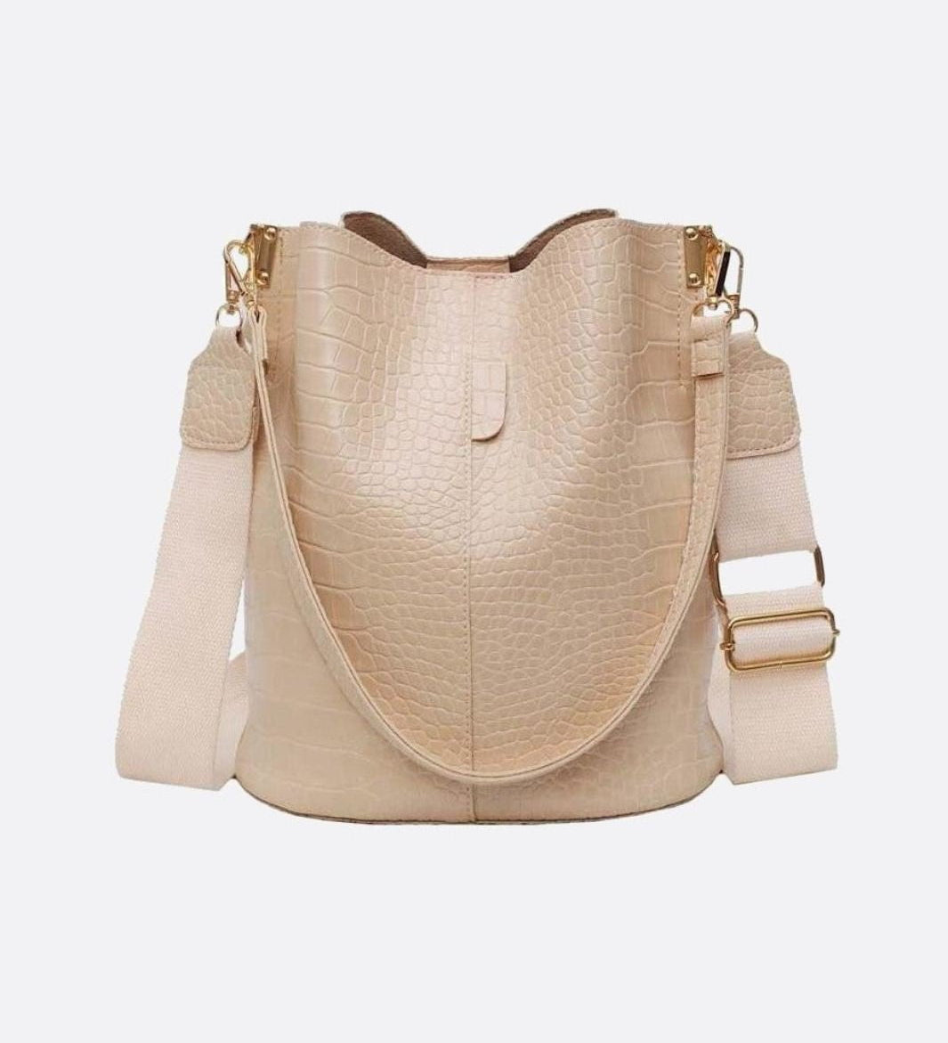 Croc - Embossed Bucket Bag – Faux Leather Shoulder Bag with Wide Strap - in Off - White | Arvea Bags