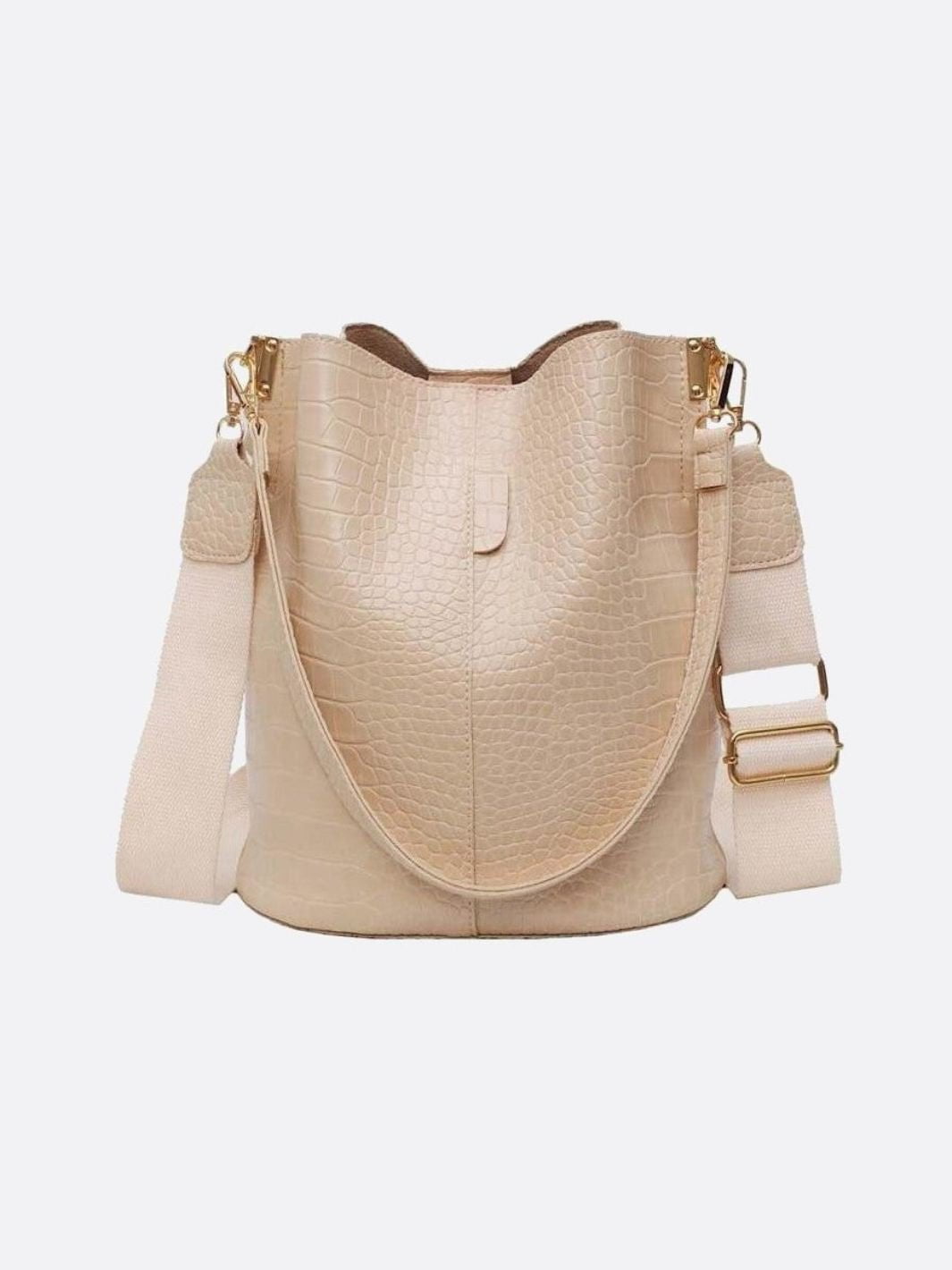 Croc - Embossed Bucket Bag – Faux Leather Shoulder Bag with Wide Strap - in Off - White | Arvea Bags