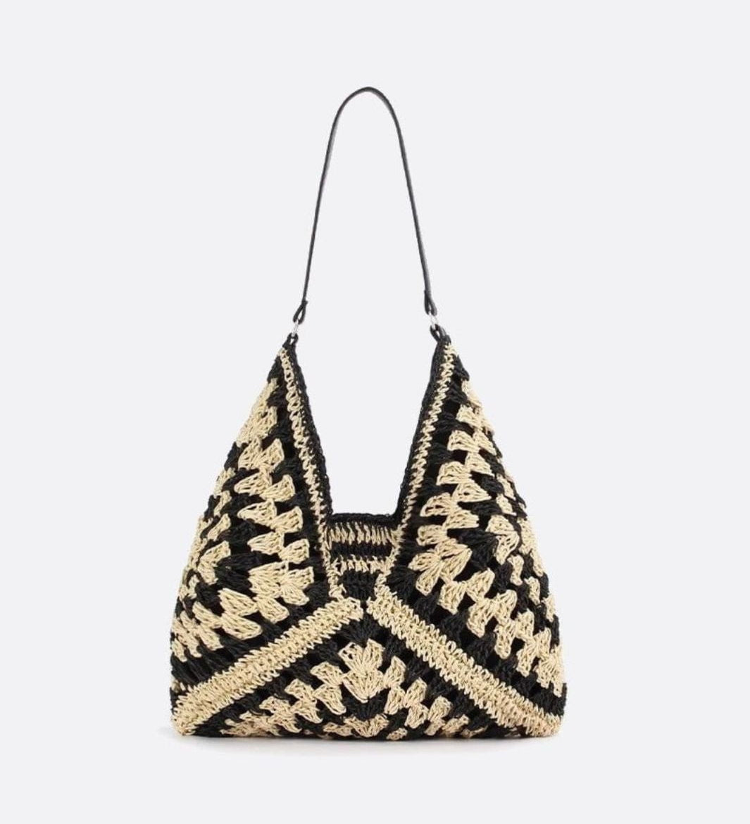 Crochet Woven Triangle Shoulder Bag – Boho Handcrafted Look - in Black | Arvea Bags