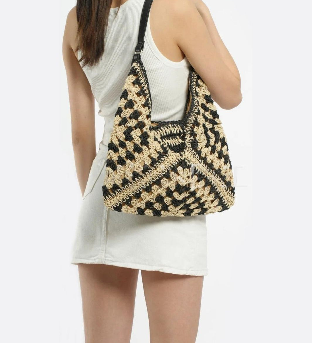 Crochet Woven Triangle Shoulder Bag – Boho Handcrafted Look - in Black | Arvea Bags