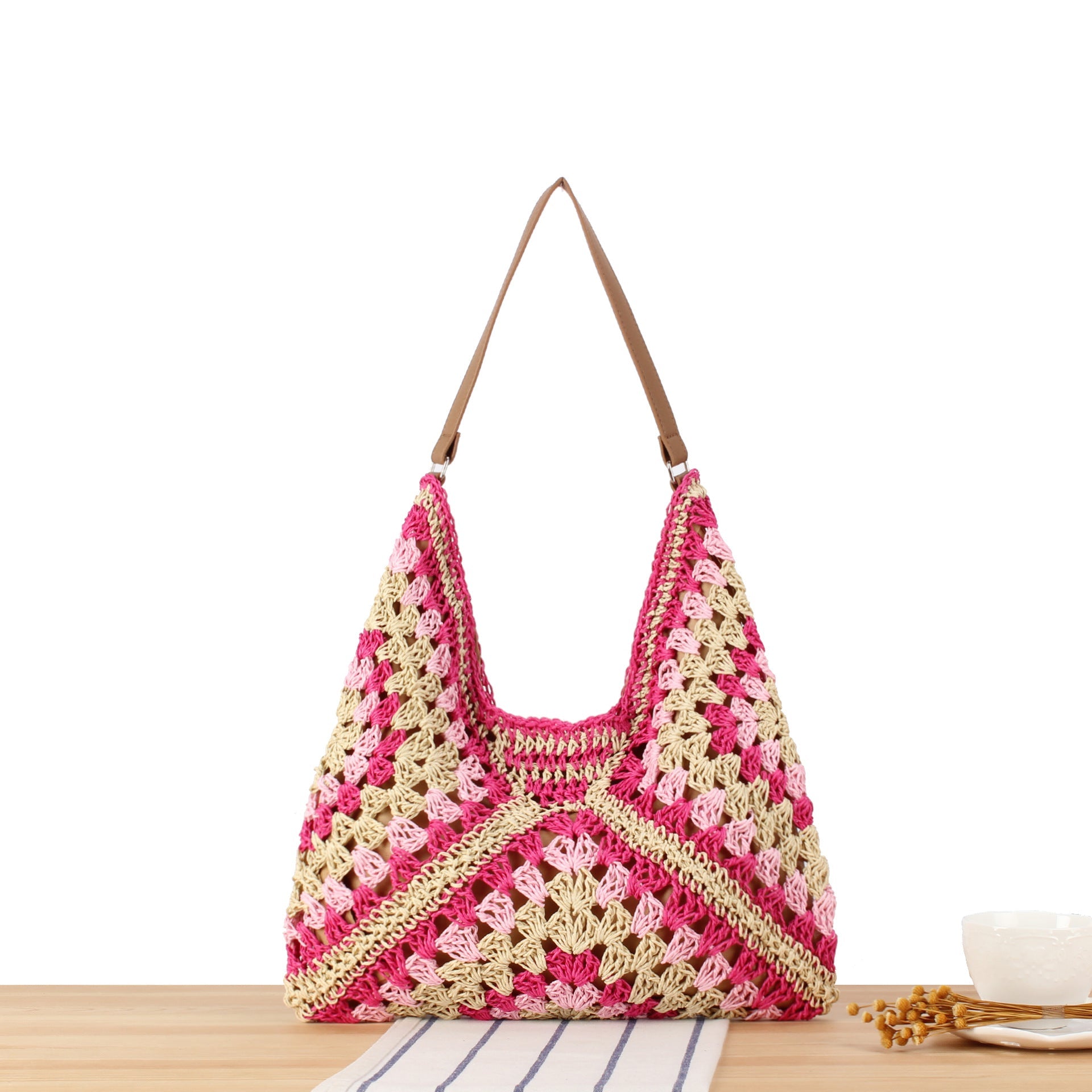 Crochet Woven Triangle Shoulder Bag – Boho Handcrafted Look - in Deep Rose | Arvea Bags