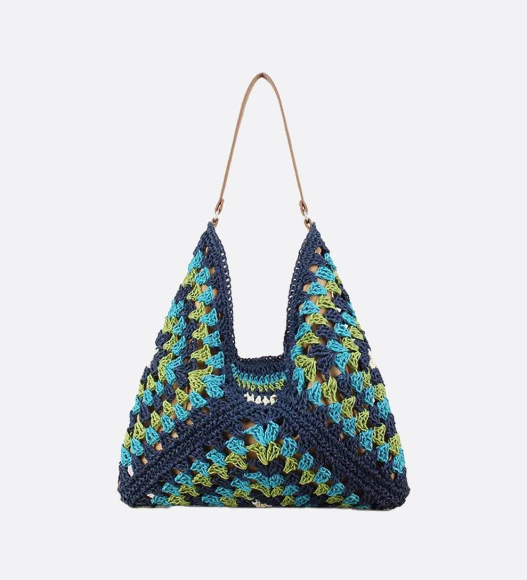 Crochet Woven Triangle Shoulder Bag – Boho Handcrafted Look - in Navy Blue | Arvea Bags