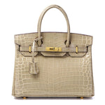 Crocodile - Embossed Structured Leather Handbag – Elegant Satchel with Gold Hardware - in Beige | Arvea Bags