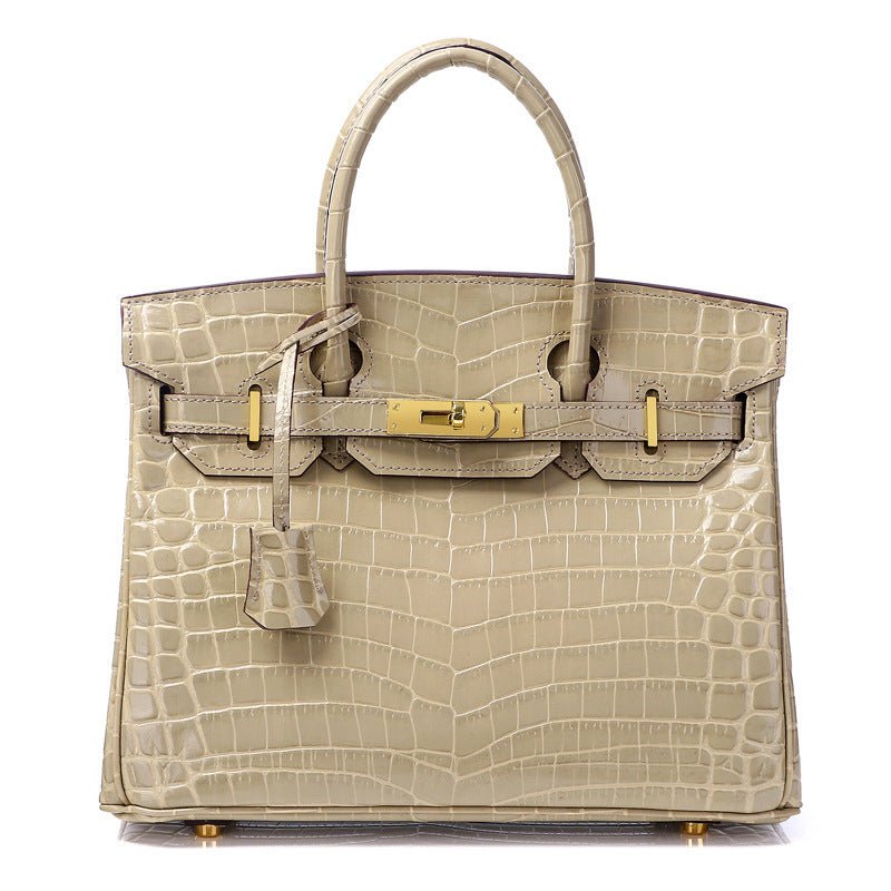 Crocodile - Embossed Structured Leather Handbag – Elegant Satchel with Gold Hardware - in Beige | Arvea Bags