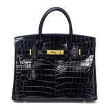 Crocodile - Embossed Structured Leather Handbag – Elegant Satchel with Gold Hardware - in Black | Arvea Bags