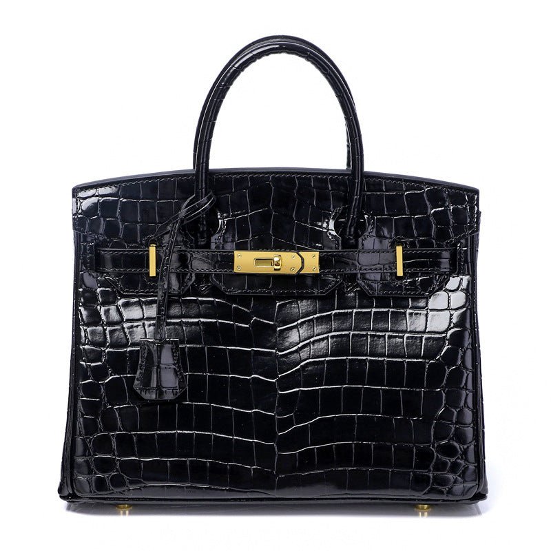 Crocodile - Embossed Structured Leather Handbag – Elegant Satchel with Gold Hardware - in Black | Arvea Bags
