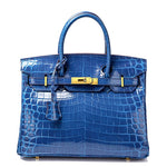 Crocodile - Embossed Structured Leather Handbag – Elegant Satchel with Gold Hardware - in Blue | Arvea Bags