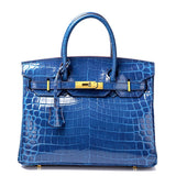 Crocodile - Embossed Structured Leather Handbag – Elegant Satchel with Gold Hardware - in Blue | Arvea Bags