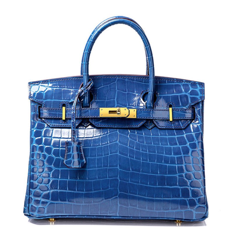 Crocodile - Embossed Structured Leather Handbag – Elegant Satchel with Gold Hardware - in Blue | Arvea Bags