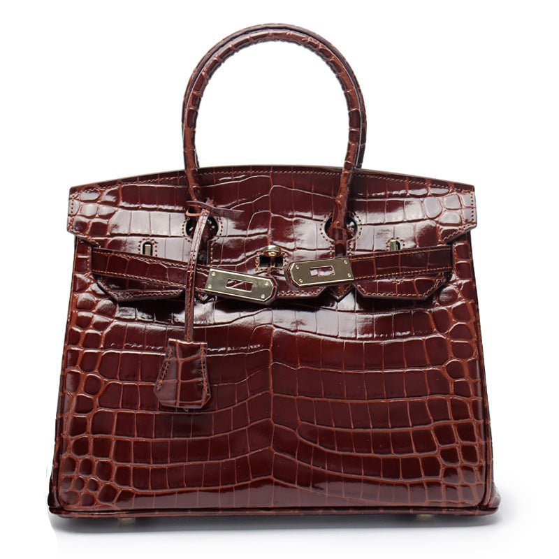 Crocodile - Embossed Structured Leather Handbag – Elegant Satchel with Gold Hardware - in Brown | Arvea Bags