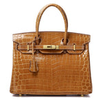 Crocodile - Embossed Structured Leather Handbag – Elegant Satchel with Gold Hardware - in Khaki | Arvea Bags