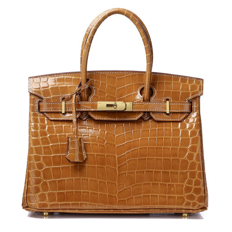 Crocodile - Embossed Structured Leather Handbag – Elegant Satchel with Gold Hardware - in Khaki | Arvea Bags