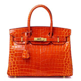 Crocodile - Embossed Structured Leather Handbag – Elegant Satchel with Gold Hardware - in Orange | Arvea Bags